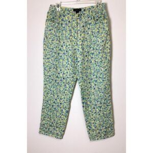 VTG Harold's Linen Trousers Women's 10 Green Yellow Blue Floral Print Boho Chic